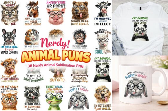 Nerdy Animal Puns Sublimation PNG Bundle for Creative Projects