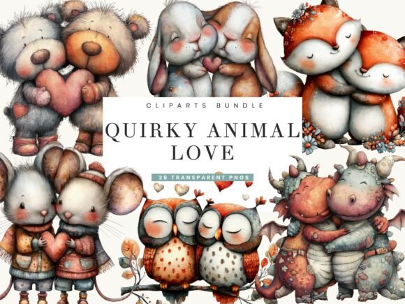 Quirky Animal Love Clipart Bundle: Watercolor Whimsy