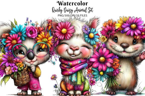 Quirky Daisy Animal Set: Playful Clip Art for Creative Projects