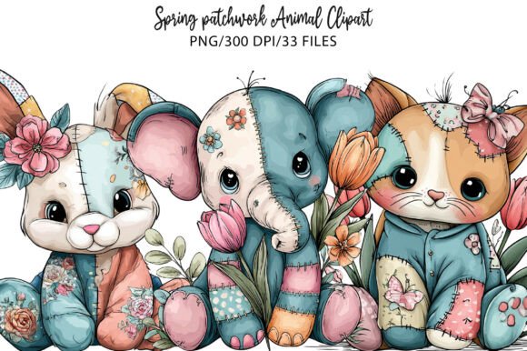 Spring Patchwork Animal Clipart: Charming Design Assets