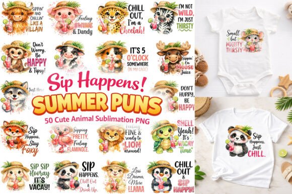 Summer Animal Pun Sublimation Bundle: 50 Playful PNGs for Your Projects